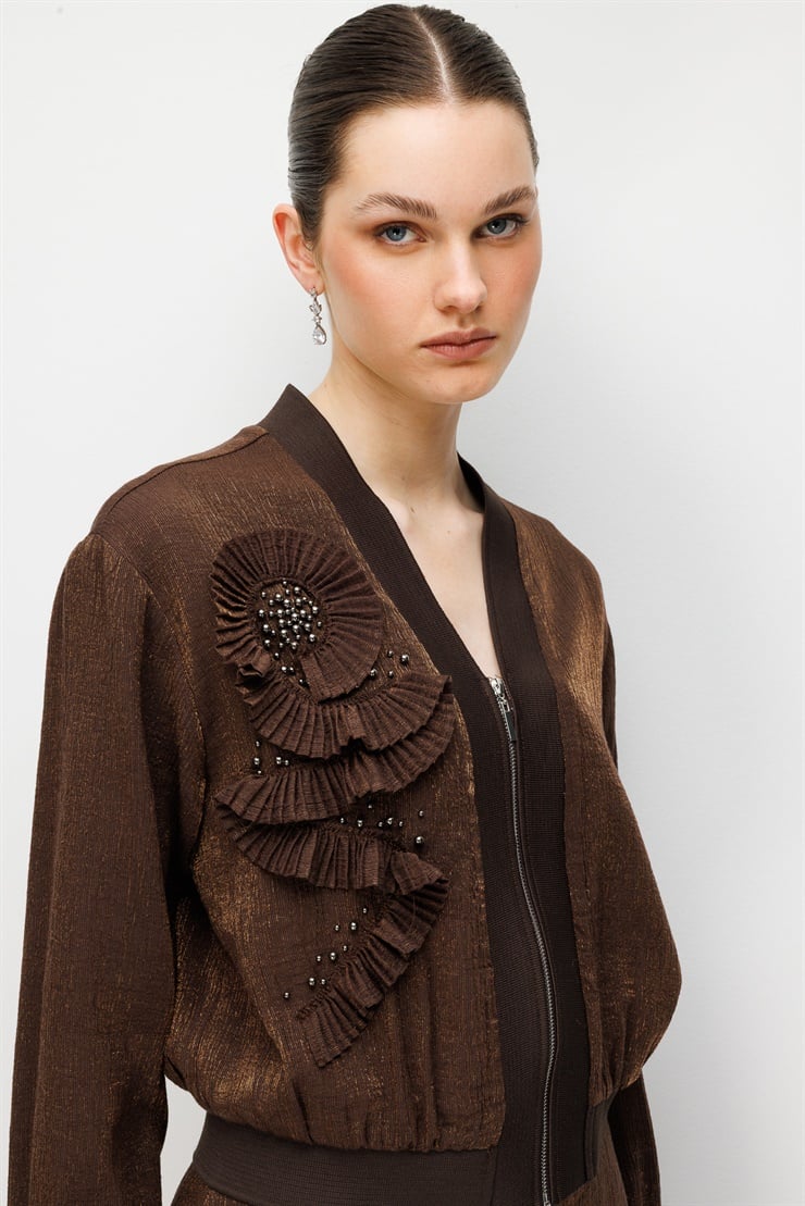 Modailgi Pilise Süslemeli İnci Aksesuarlı Bomber Gömlek - 30039