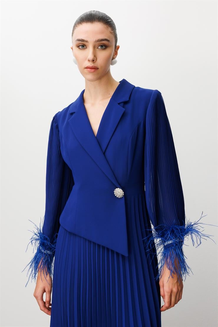 Modailgi  Plise Detaylı Manşeti Otrişli Uzun Elbise Morcivert