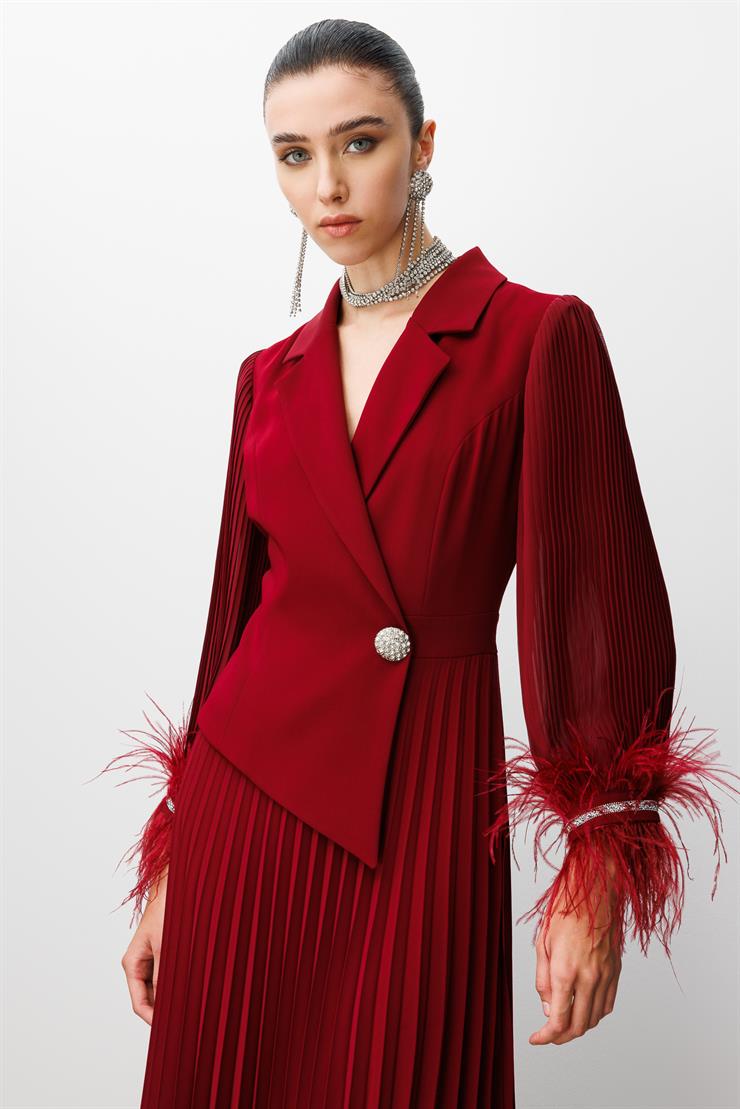 Modailgi  Plise Detaylı Manşeti Otrişli Uzun Elbise Bordo