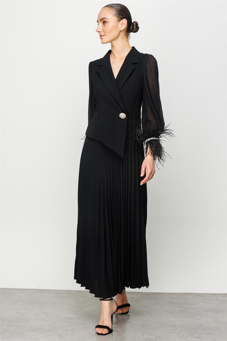 Modailgi  Plise Detaylı Manşeti Otrişli Uzun Elbise Siyah