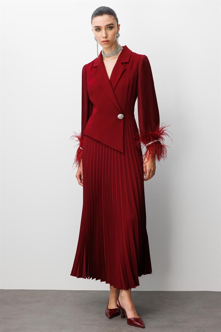 Modailgi  Plise Detaylı Manşeti Otrişli Uzun Elbise Bordo