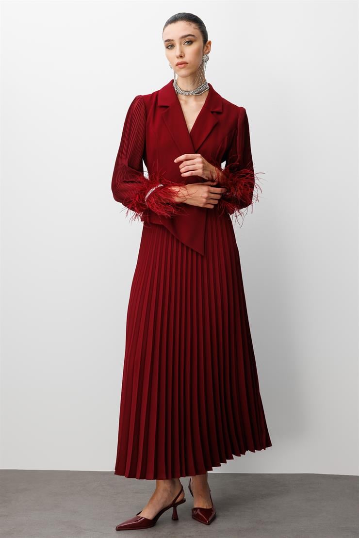 Modailgi  Plise Detaylı Manşeti Otrişli Uzun Elbise Bordo