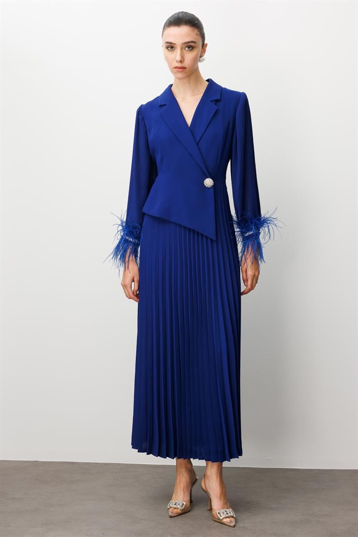 Modailgi  Plise Detaylı Manşeti Otrişli Uzun Elbise Morcivert