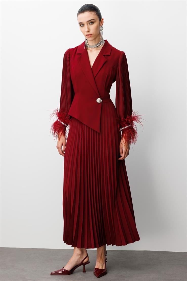 Modailgi  Plise Detaylı Manşeti Otrişli Uzun Elbise Bordo