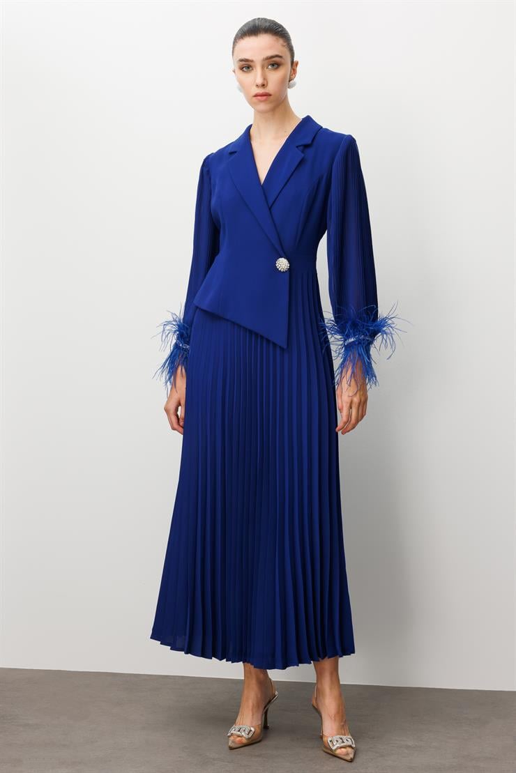 Modailgi  Plise Detaylı Manşeti Otrişli Uzun Elbise Morcivert