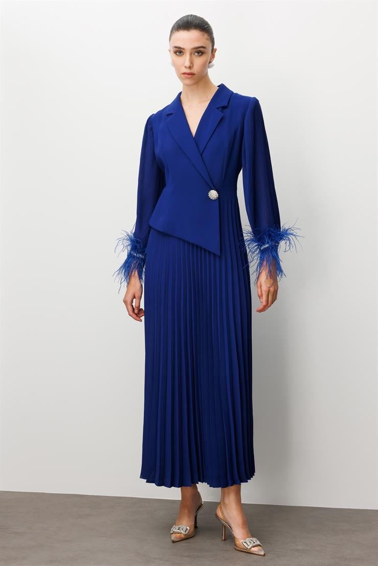 Modailgi  Plise Detaylı Manşeti Otrişli Uzun Elbise Morcivert