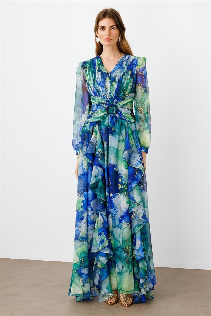 Modailgi  Pliseli Volan Detaylı Elbise Saks