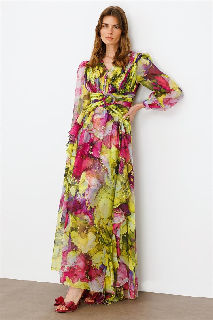 Modailgi  Pliseli Volan Detaylı Elbise Fuşya