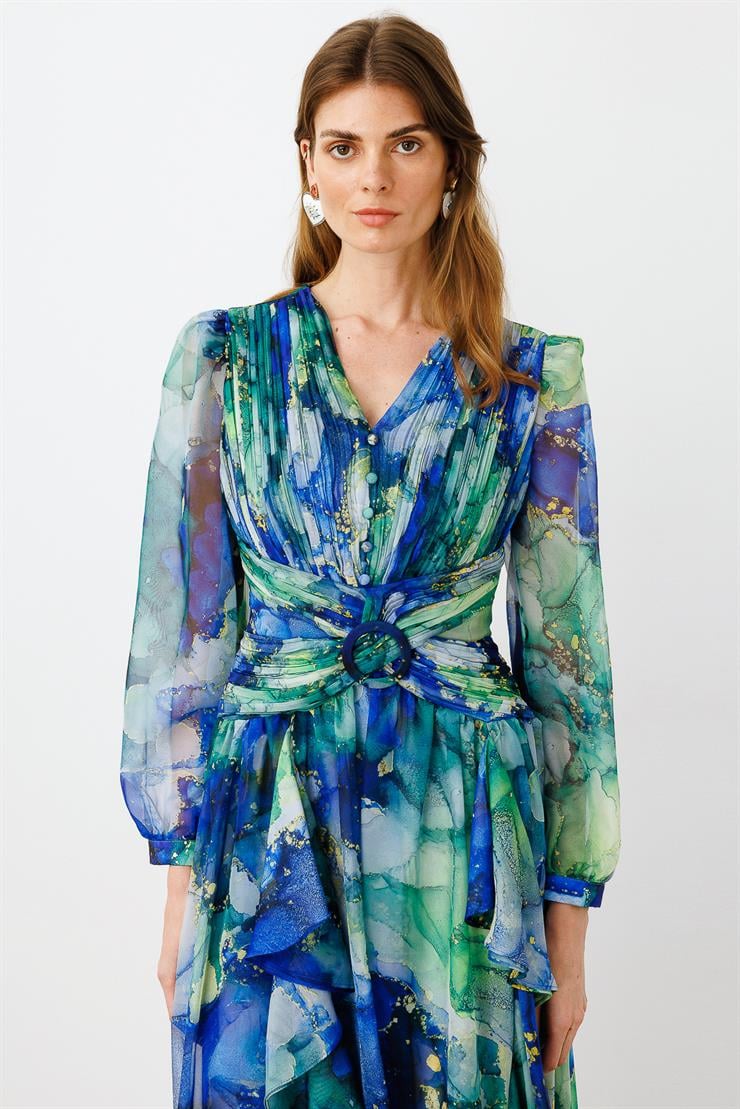 Modailgi  Pliseli Volan Detaylı Elbise Saks