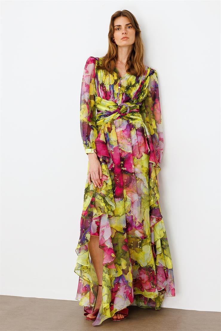 Modailgi  Pliseli Volan Detaylı Elbise Fuşya