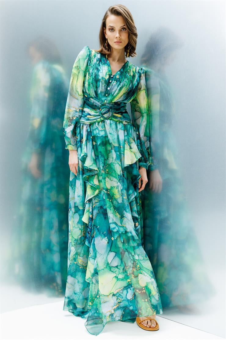 Modailgi  Pliseli Volan Detaylı Elbise Yeşil