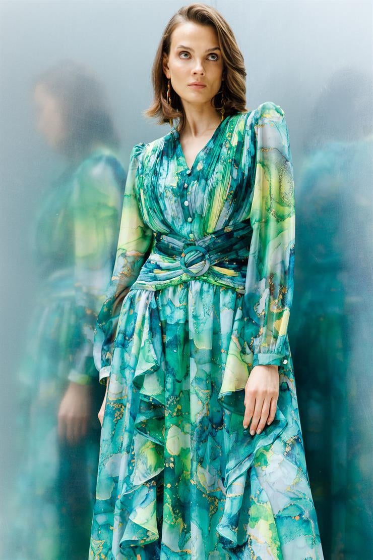 Modailgi  Pliseli Volan Detaylı Elbise Yeşil