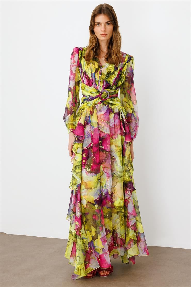 Modailgi  Pliseli Volan Detaylı Elbise Fuşya