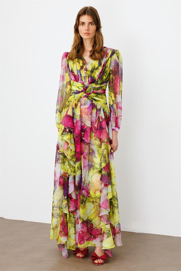 Modailgi  Pliseli Volan Detaylı Elbise Fuşya