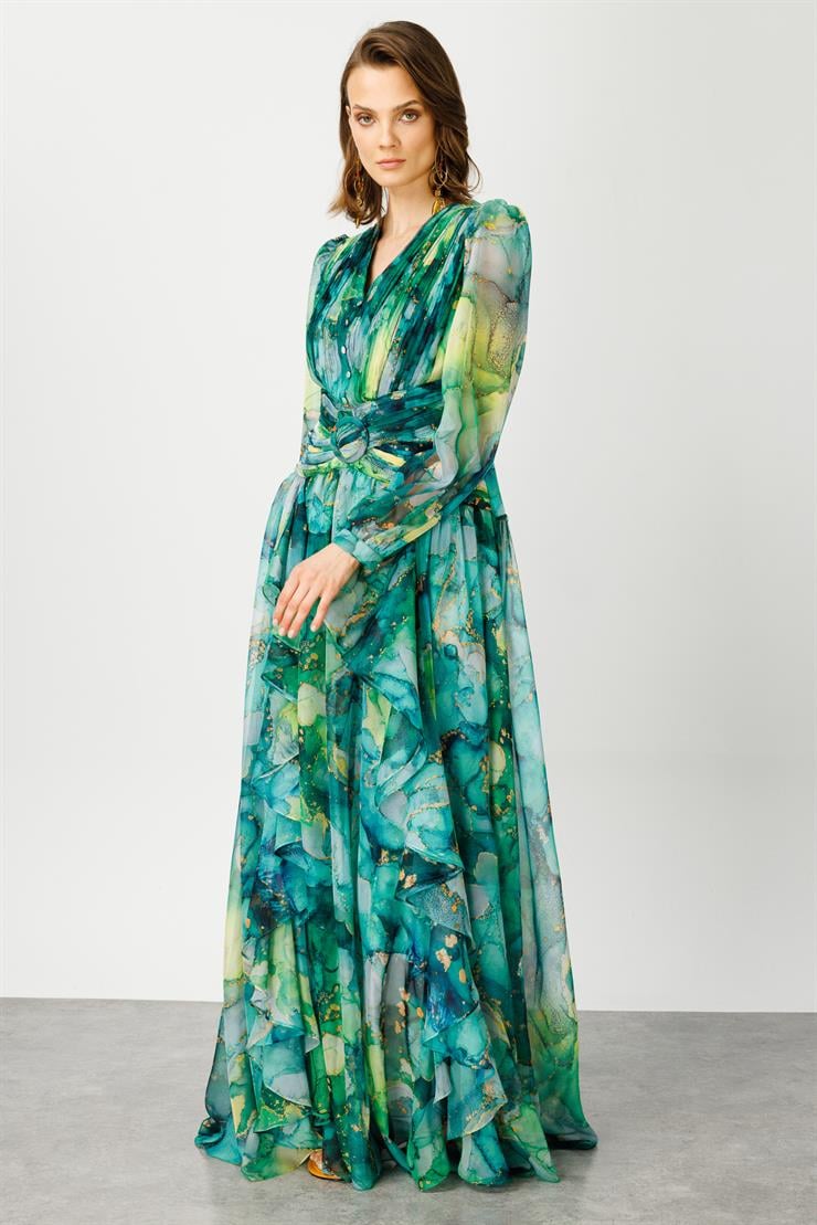 Modailgi  Pliseli Volan Detaylı Elbise Yeşil