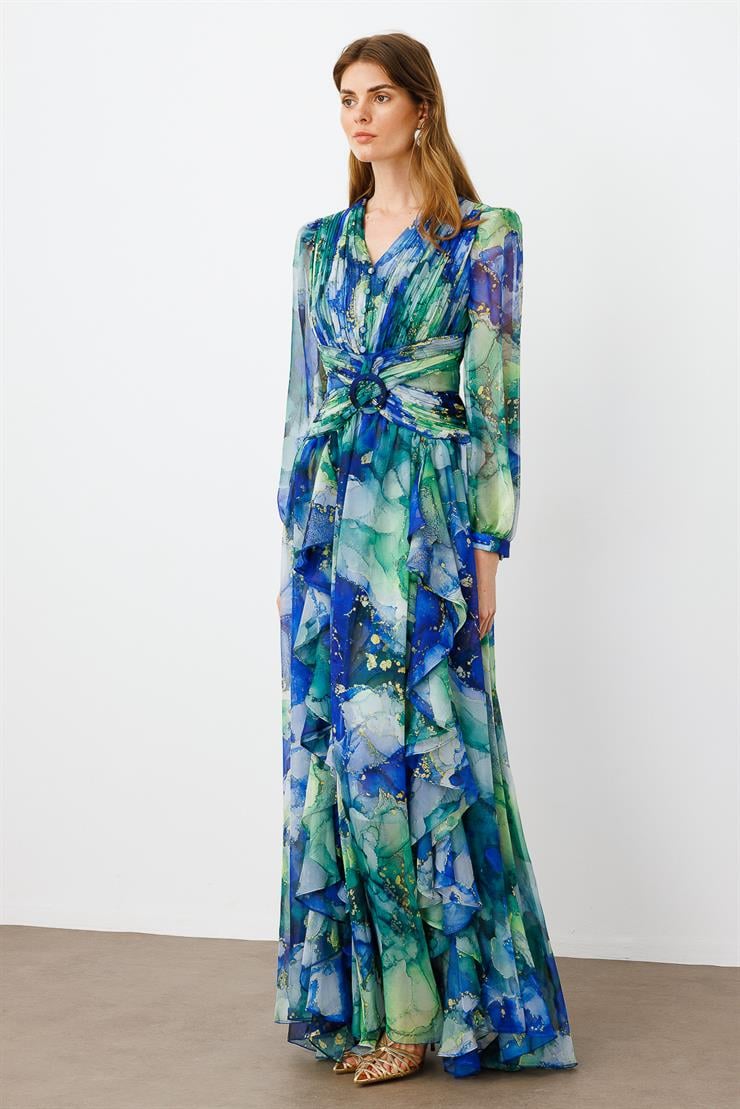 Modailgi  Pliseli Volan Detaylı Elbise Saks