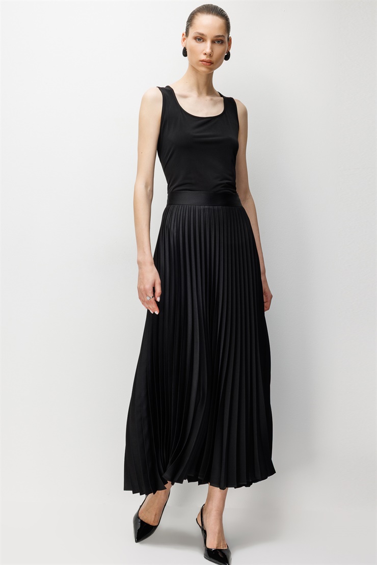 Modailgi  Plisoley Saten Uzun Etek - 75012 Siyah