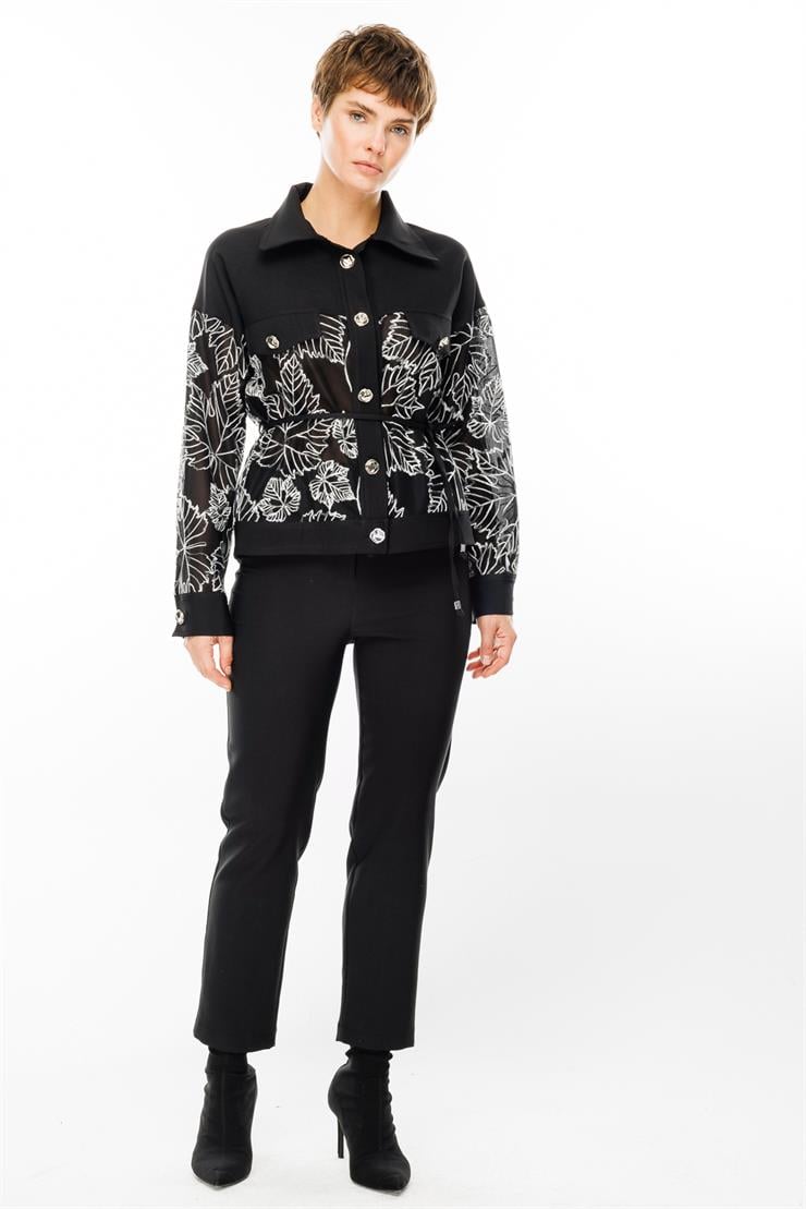 Modailgi  Polo Yaka Belden Kuşaklı Şifon Kaplamalı Kısa Kordone Ceket Siyah