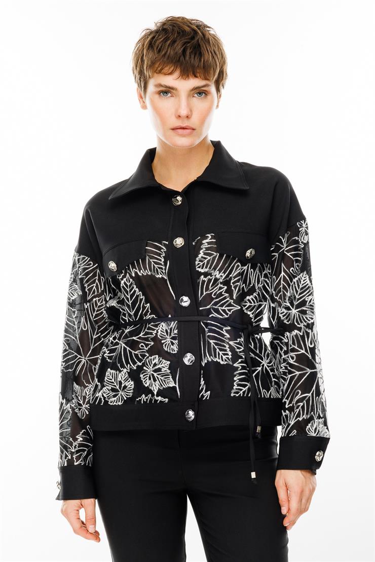 Modailgi  Polo Yaka Belden Kuşaklı Şifon Kaplamalı Kısa Kordone Ceket Siyah