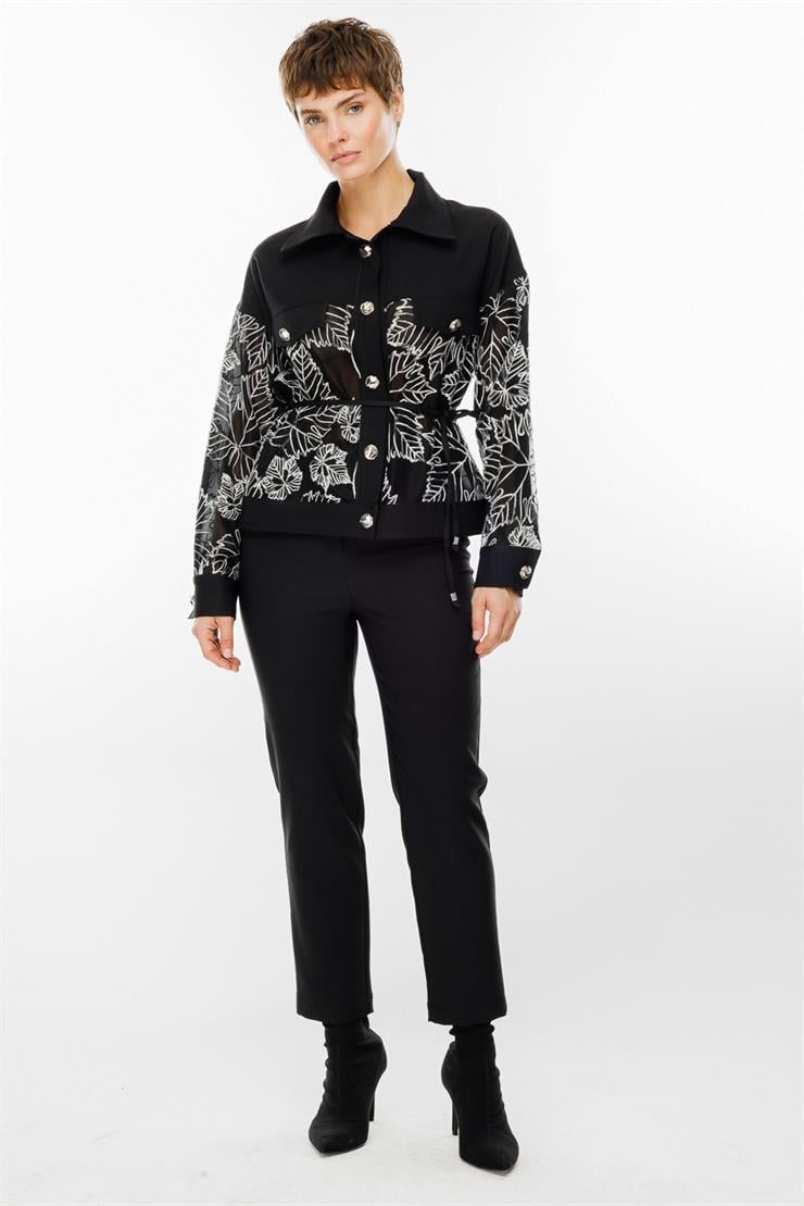 Modailgi  Polo Yaka Belden Kuşaklı Şifon Kaplamalı Kısa Kordone Ceket Siyah