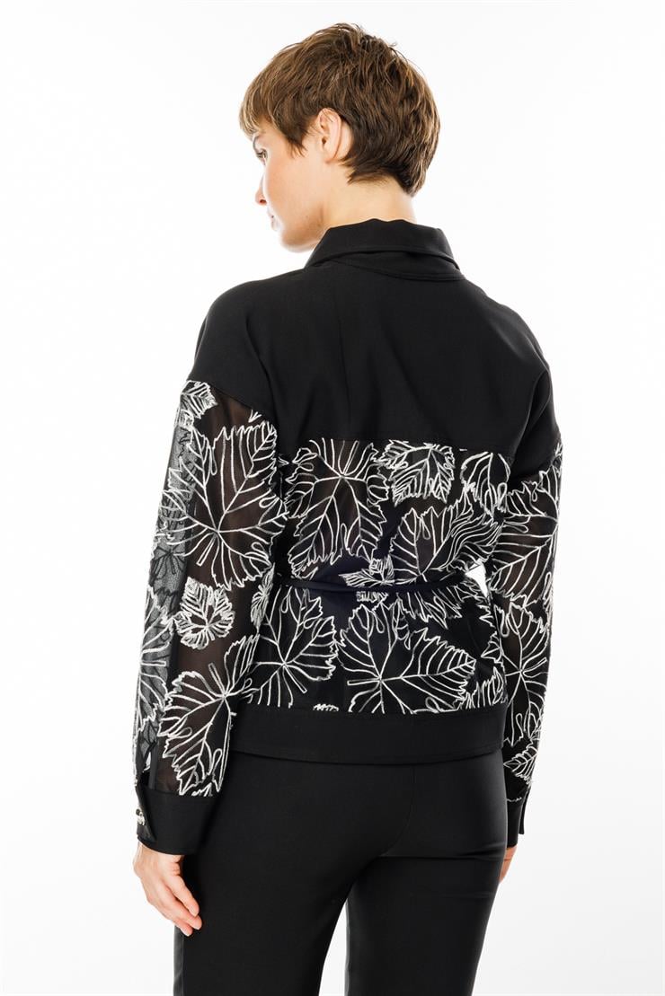 Modailgi  Polo Yaka Belden Kuşaklı Şifon Kaplamalı Kısa Kordone Ceket Siyah