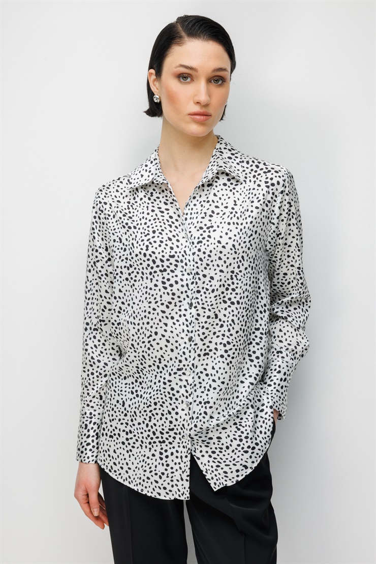Modailgi  Puan Desen Oversize Saten Gömlek Siyah