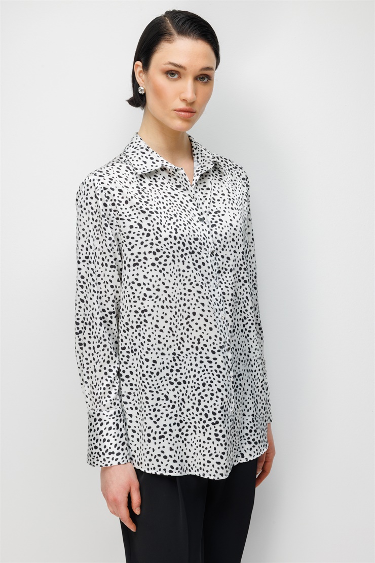 Modailgi  Puan Desen Oversize Saten Gömlek Siyah