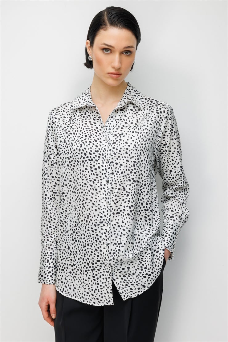 Modailgi  Puan Desen Oversize Saten Gömlek Siyah