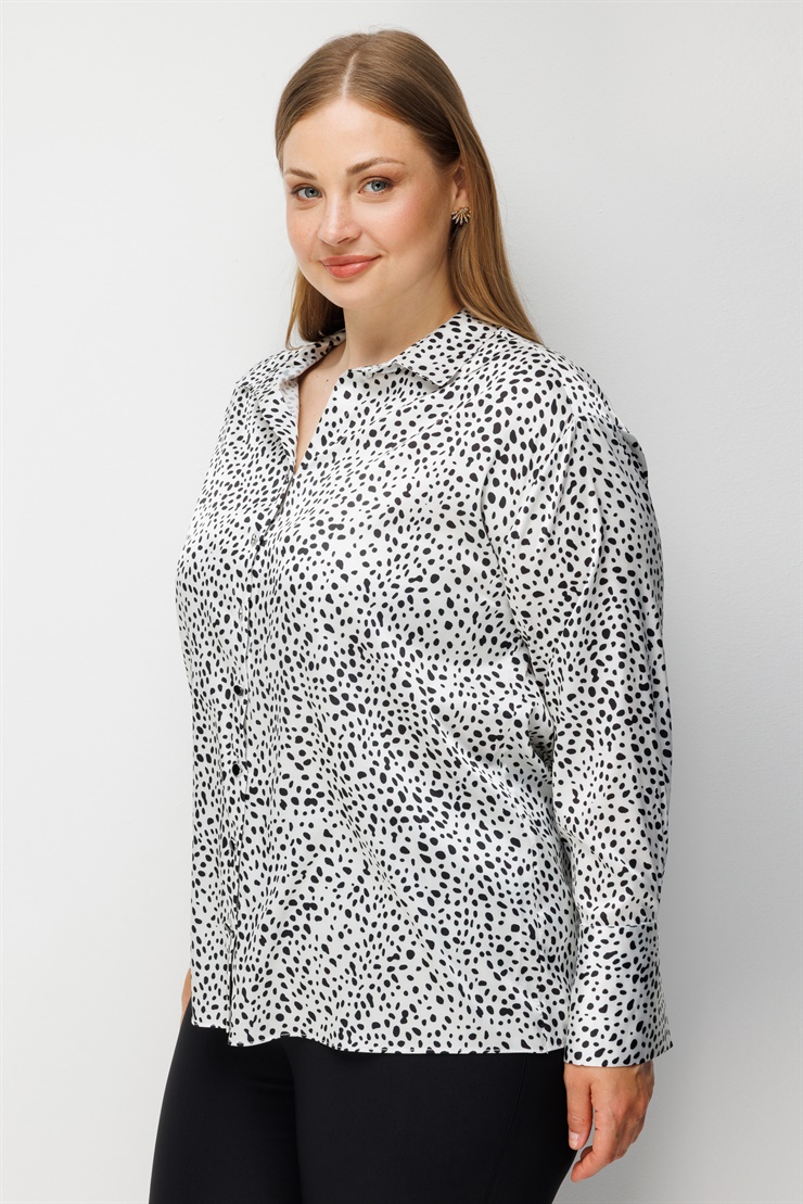 Modailgi  Puan Desenli Oversize Saten Gömlek Siyah