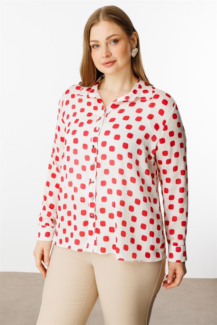 Modailgi  Puanlı Oversize Saten Gömlek Kırmızı
