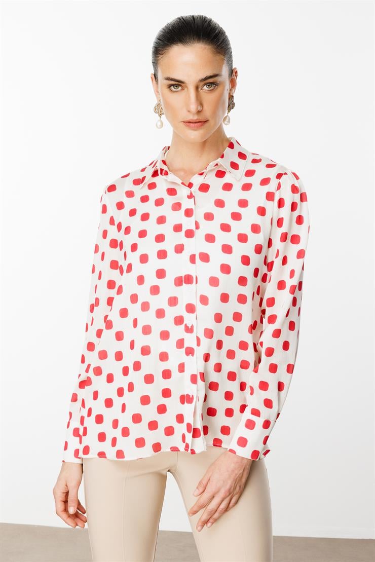 Modailgi  Puanlı Oversize Saten Gömlek Kırmızı