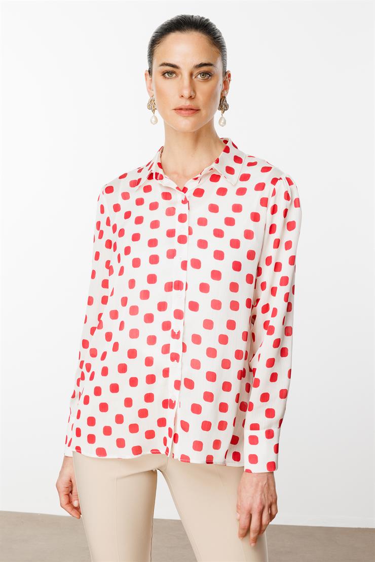 Modailgi  Puanlı Oversize Saten Gömlek Kırmızı