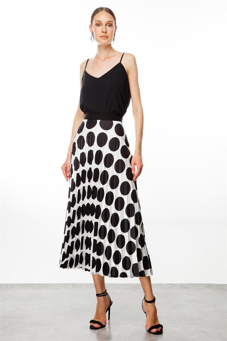 Modailgi  Puantiye Desen Jakarlı Uzun Plisoley Etek Ekru