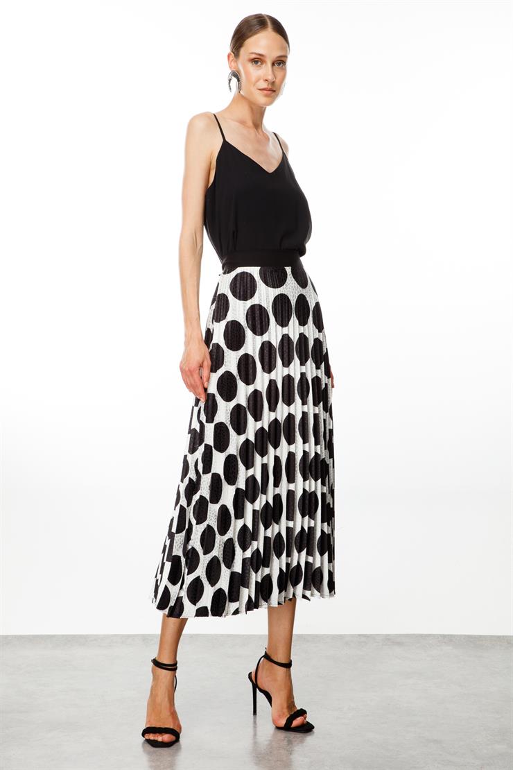 Modailgi  Puantiye Desen Jakarlı Uzun Plisoley Etek Ekru