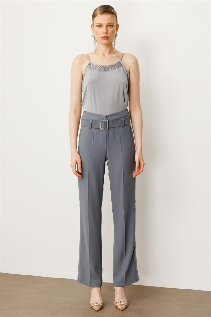 Modailgi  Pul Payet Şeritli Pantolon - 7032 Gümüş