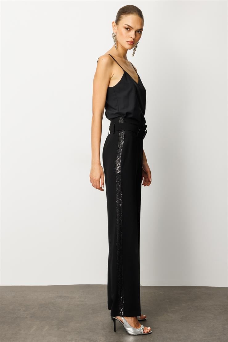 Modailgi  Pul Payet Şeritli Pantolon - 7032 Siyah