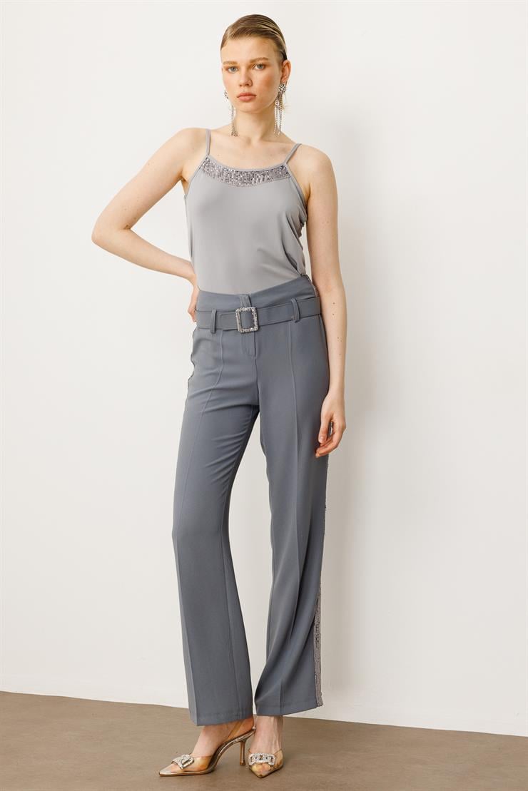 Modailgi  Pul Payet Şeritli Pantolon - 7032 Gümüş