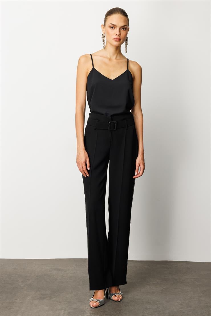 Modailgi  Pul Payet Şeritli Pantolon - 7032 Siyah