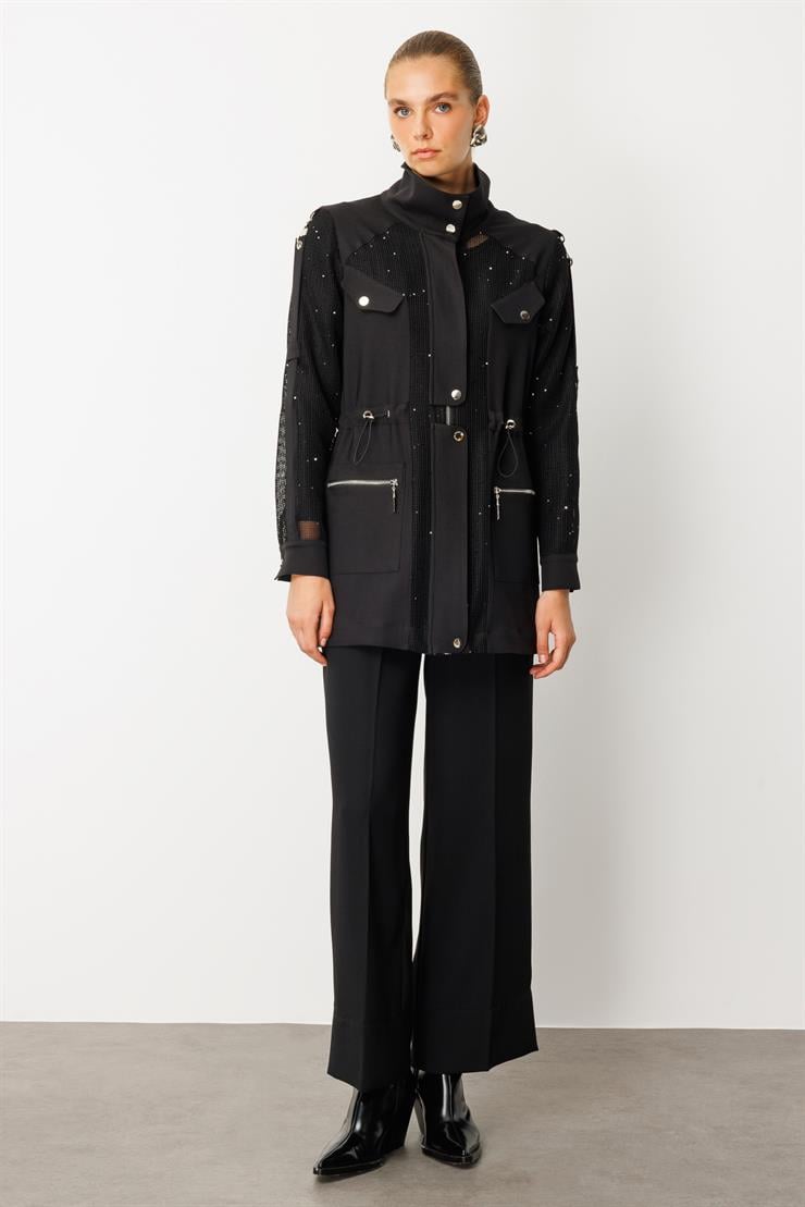 Modailgi  Pullu File Detaylı Çıtçıtlı Beli Büzgülü İkili Takım Siyah