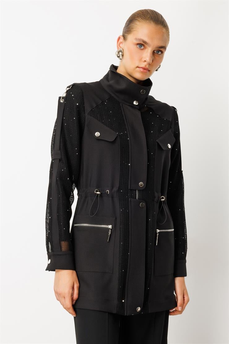 Modailgi  Pullu File Detaylı Çıtçıtlı Beli Büzgülü İkili Takım Siyah