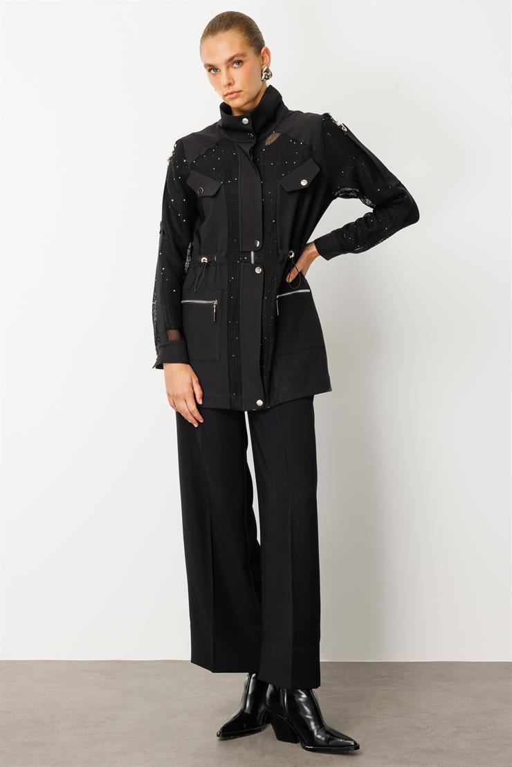 Modailgi  Pullu File Detaylı Çıtçıtlı Beli Büzgülü İkili Takım Siyah