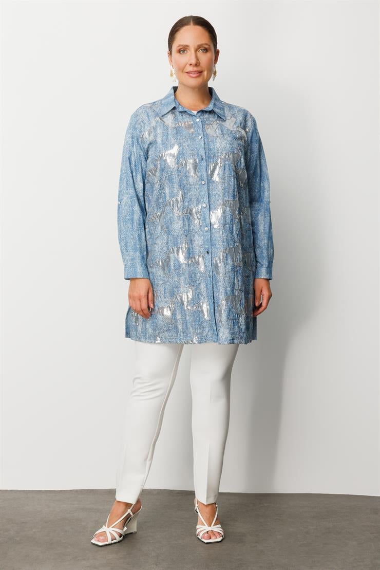 Modailgi  Pullu Nakışlı Tencel Tunik İndigo