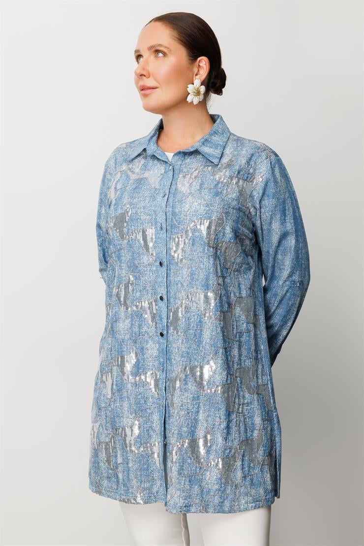 Modailgi  Pullu Nakışlı Tencel Tunik İndigo