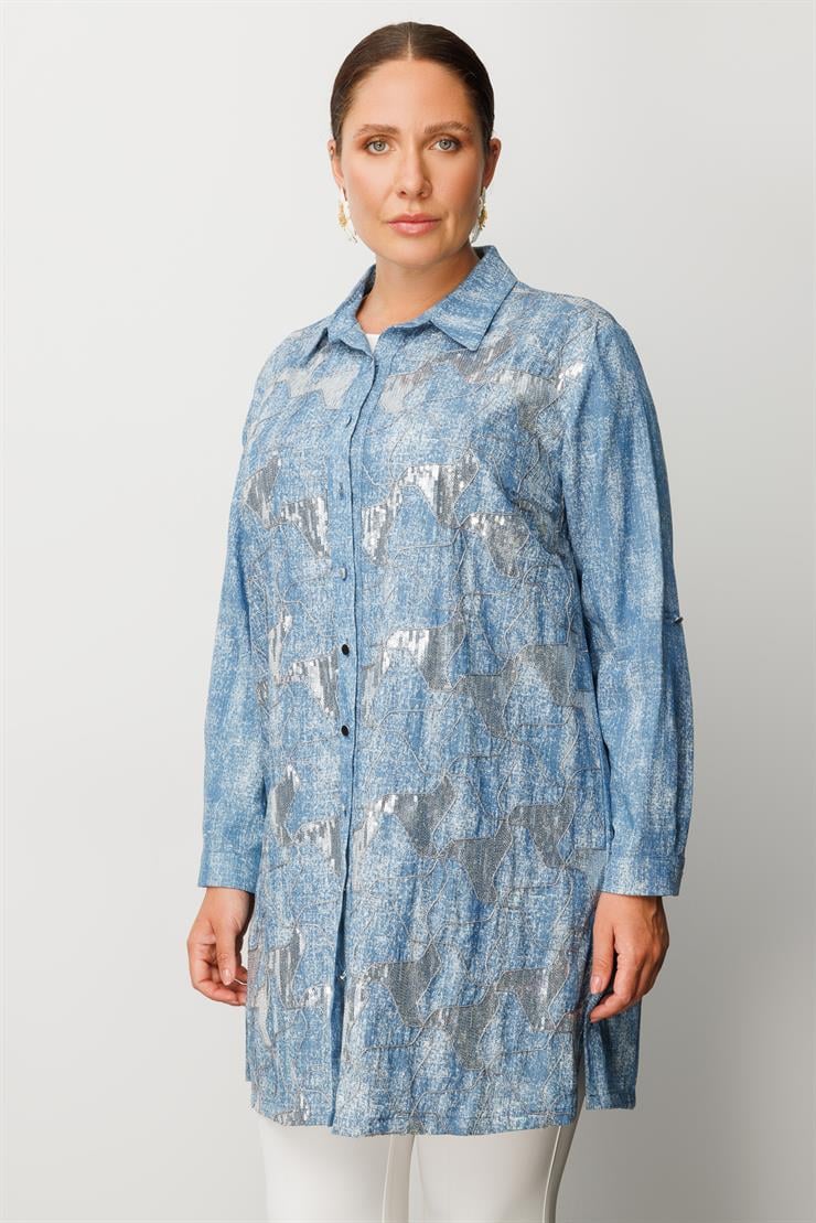 Modailgi  Pullu Nakışlı Tencel Tunik İndigo