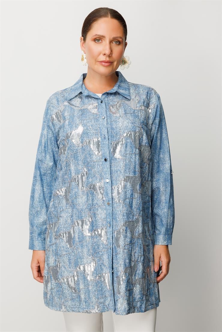 Modailgi  Pullu Nakışlı Tencel Tunik İndigo