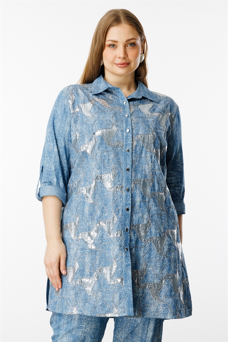 Modailgi  Pullu Nakışlı Tencel Uzun Tunik İndigo