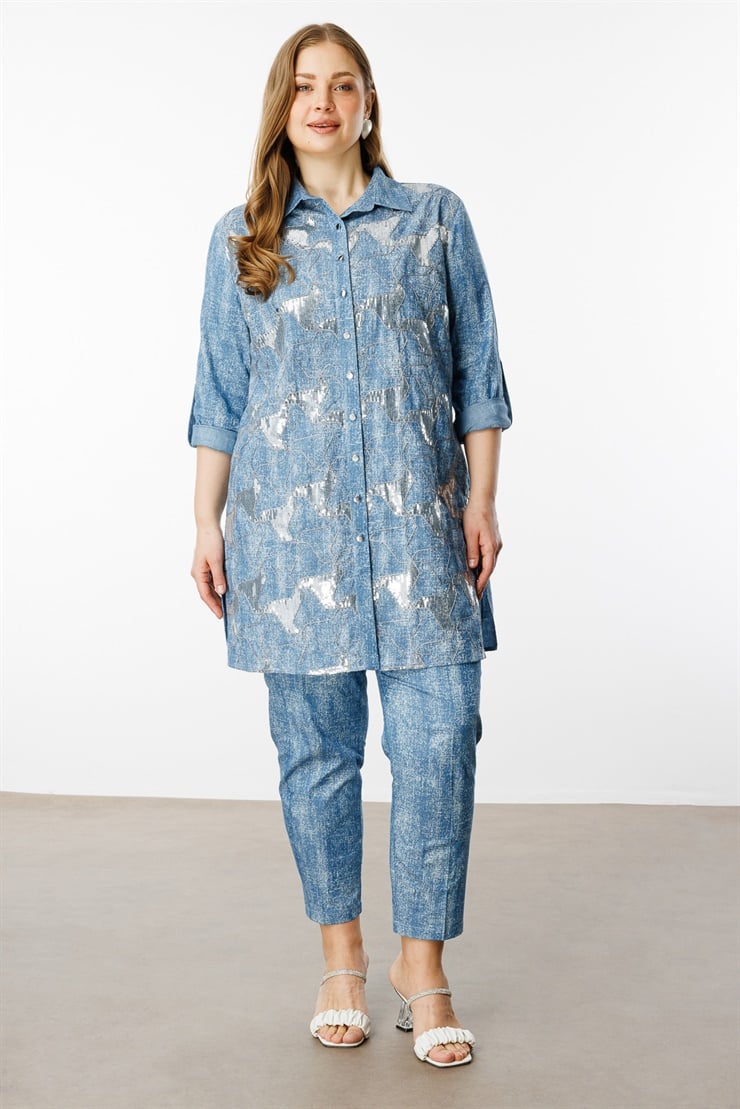 Modailgi  Pullu Nakışlı Tencel Uzun Tunik İndigo