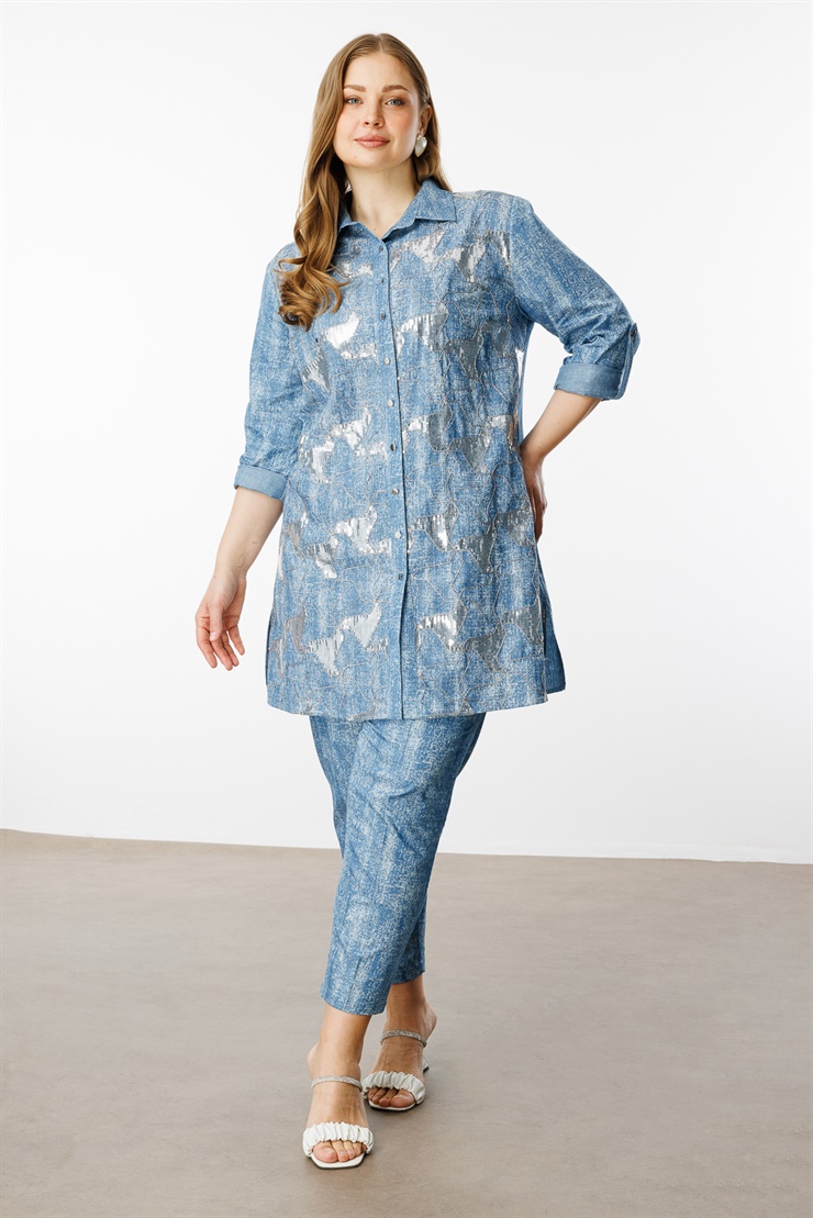 Modailgi  Pullu Nakışlı Tencel Uzun Tunik İndigo