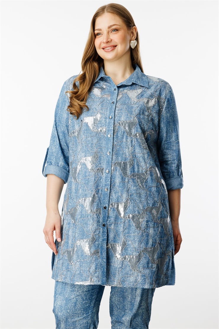 Modailgi  Pullu Nakışlı Tencel Uzun Tunik İndigo