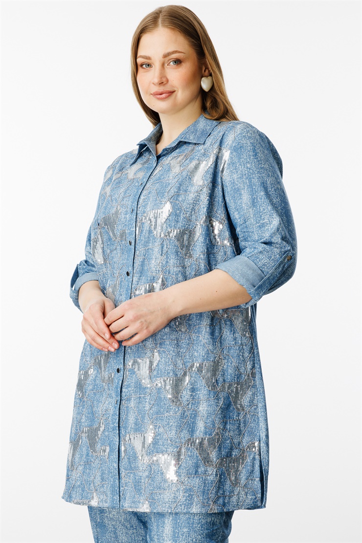 Modailgi  Pullu Nakışlı Tencel Uzun Tunik İndigo